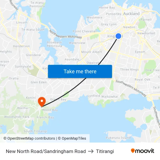 New North Road/Sandringham Road to Titirangi map