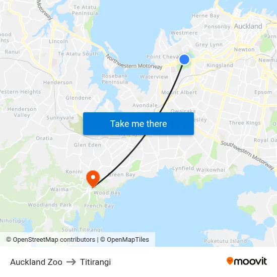 Auckland Zoo to Titirangi map