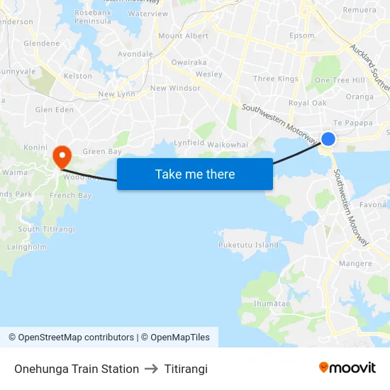 Onehunga Train Station to Titirangi map
