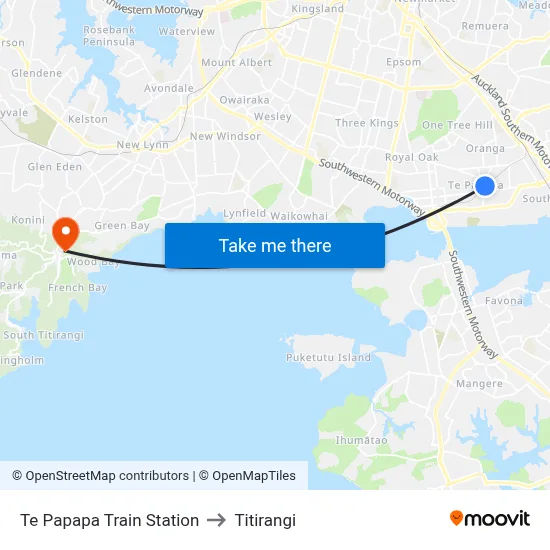 Te Papapa Train Station to Titirangi map