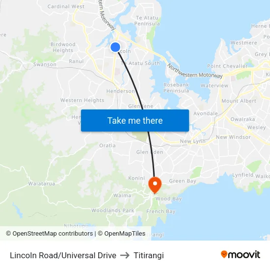 Lincoln Road/Universal Drive to Titirangi map
