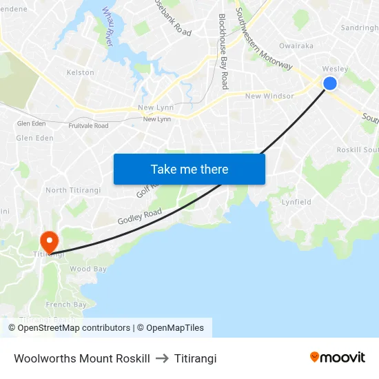 Woolworths Mount Roskill to Titirangi map