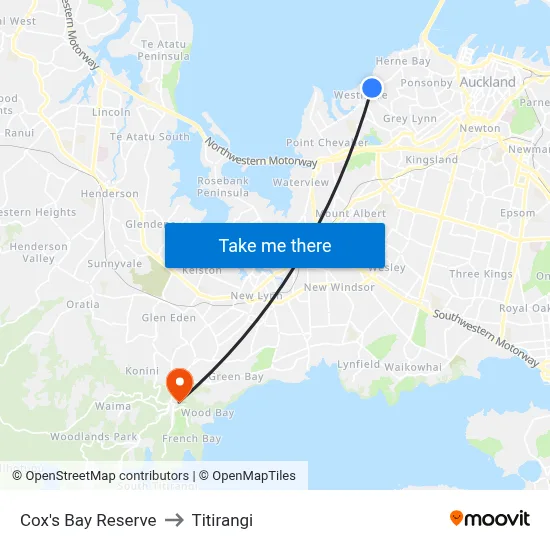 Cox's Bay Reserve to Titirangi map