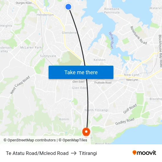 Te Atatu Road/Mcleod Road to Titirangi map