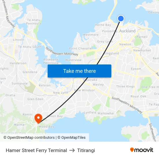 Hamer Street Ferry Terminal to Titirangi map