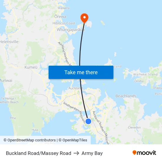 Buckland Road/Massey Road to Army Bay map
