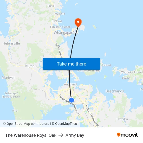 The Warehouse Royal Oak to Army Bay map