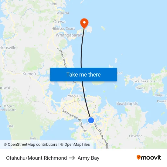 Otahuhu/Mount Richmond to Army Bay map
