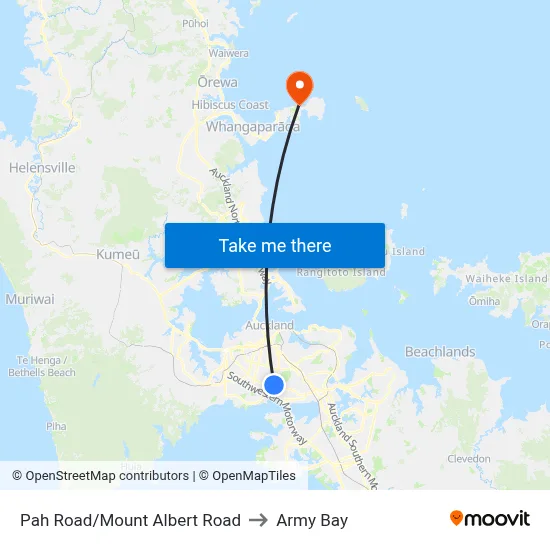 Pah Road/Mount Albert Road to Army Bay map