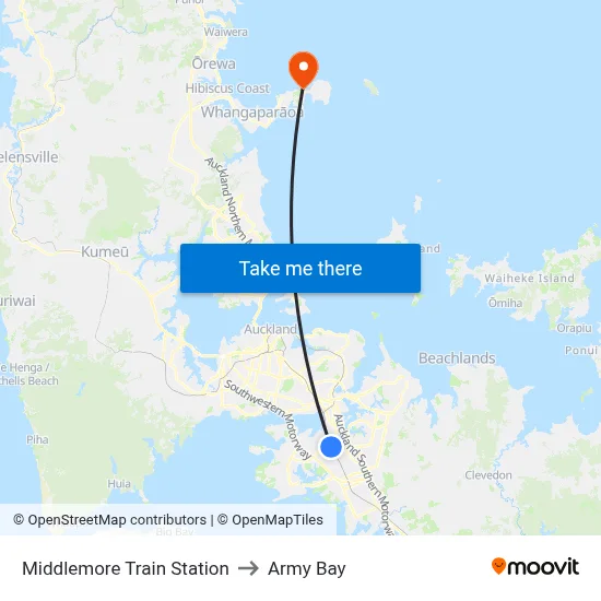Middlemore Train Station to Army Bay map