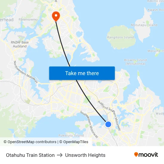 Otahuhu Train Station to Unsworth Heights map