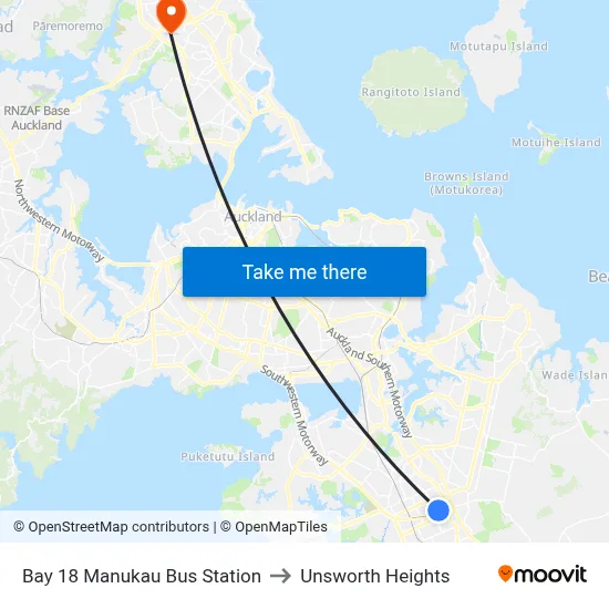Bay 18 Manukau Bus Station to Unsworth Heights map