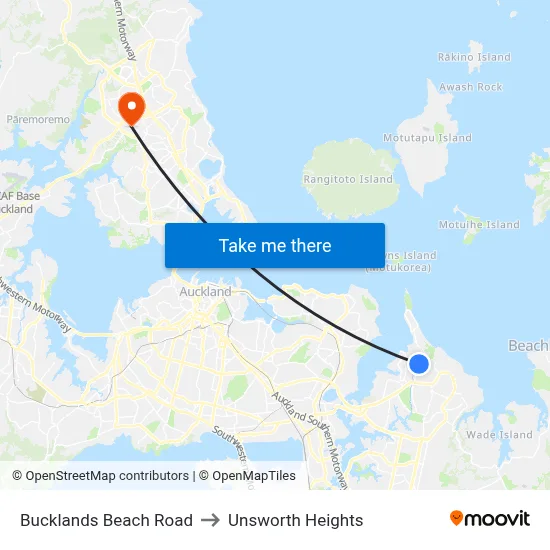 Bucklands Beach Road to Unsworth Heights map