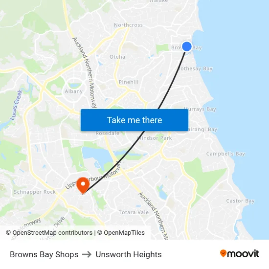 Browns Bay Shops to Unsworth Heights map