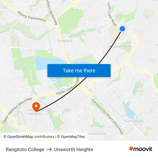 Rangitoto College to Unsworth Heights map