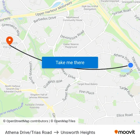 Athena Drive/Trias Road to Unsworth Heights map
