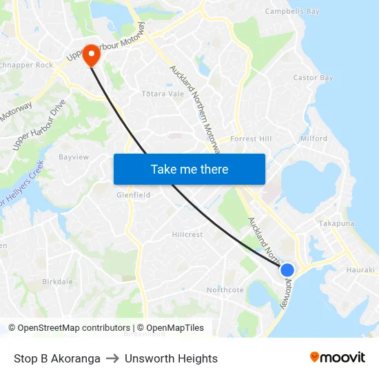 Stop B Akoranga to Unsworth Heights map