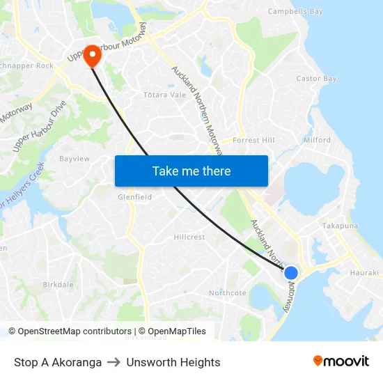 Stop A Akoranga to Unsworth Heights map