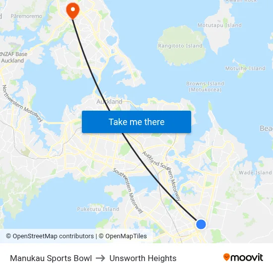 Manukau Sports Bowl to Unsworth Heights map