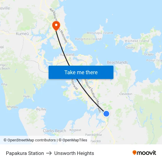 Papakura Station to Unsworth Heights map