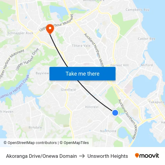 Akoranga Drive/Onewa Domain to Unsworth Heights map