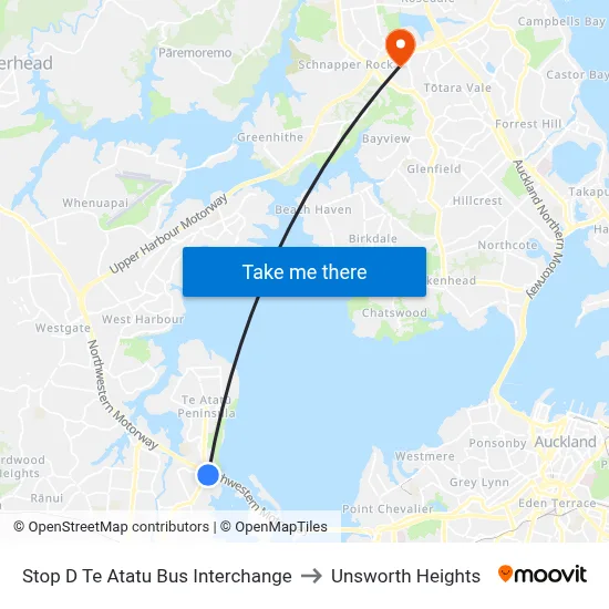 Stop D Te Atatu Bus Interchange to Unsworth Heights map