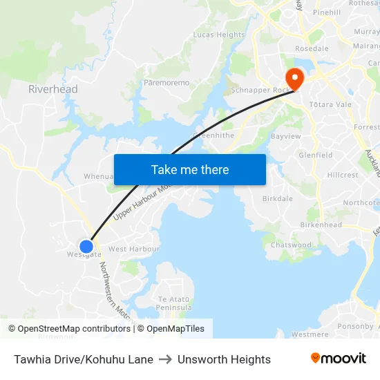 Tawhia Drive/Kohuhu Lane to Unsworth Heights map