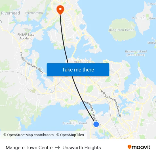 Mangere Town Centre to Unsworth Heights map