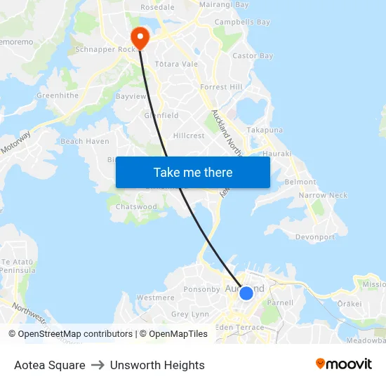 Aotea Square to Unsworth Heights map