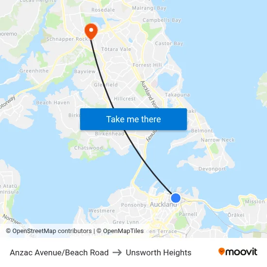 Anzac Avenue/Beach Road to Unsworth Heights map
