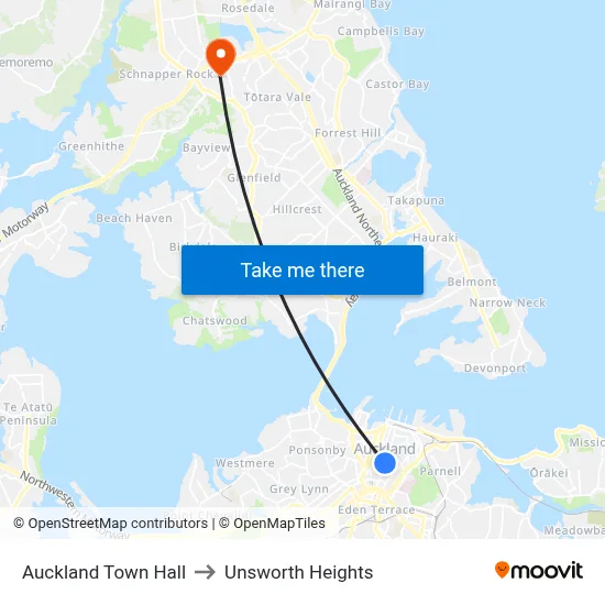 Auckland Town Hall to Unsworth Heights map