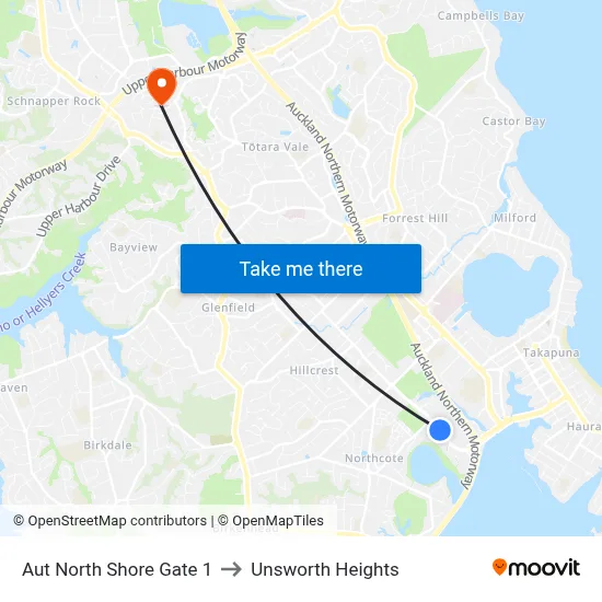 Aut North Shore Gate 1 to Unsworth Heights map