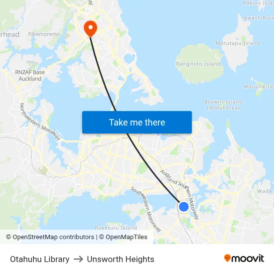 Otahuhu Library to Unsworth Heights map