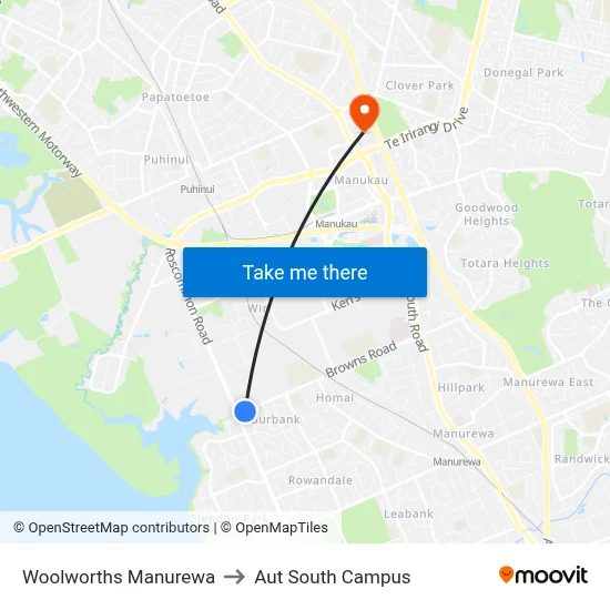 Woolworths Manurewa to Aut South Campus map