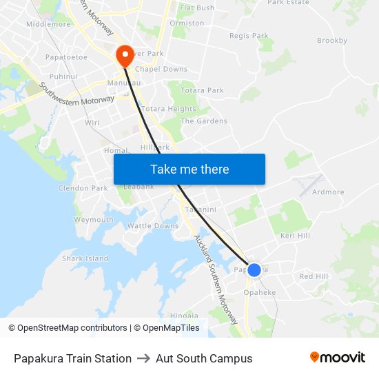 Papakura Train Station to Aut South Campus map
