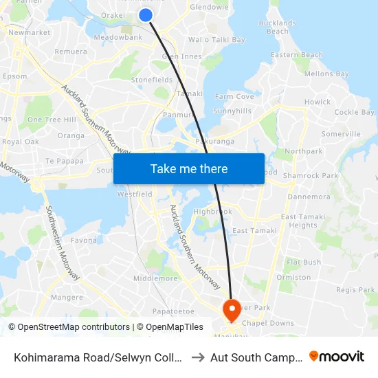 Kohimarama Road/Selwyn College to Aut South Campus map