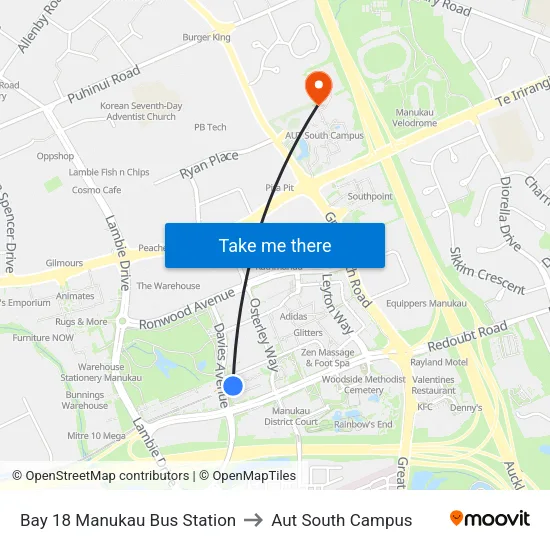 Bay 18 Manukau Bus Station to Aut South Campus map