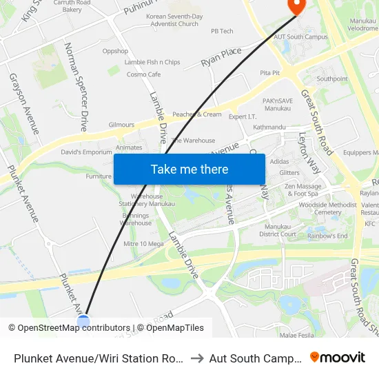 Plunket Avenue/Wiri Station Road to Aut South Campus map