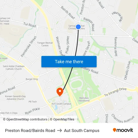 Preston Road/Bairds Road to Aut South Campus map