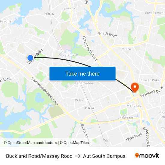 Buckland Road/Massey Road to Aut South Campus map
