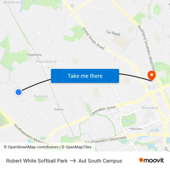 Robert White Softball Park to Aut South Campus map