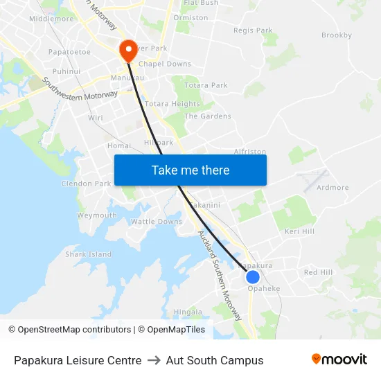Papakura Leisure Centre to Aut South Campus map