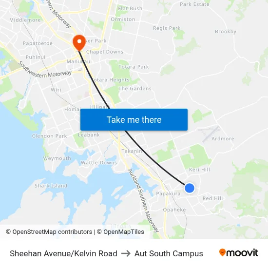 Sheehan Avenue/Kelvin Road to Aut South Campus map