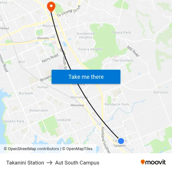 Takanini Station to Aut South Campus map