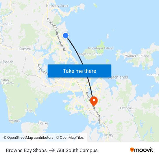 Browns Bay Shops to Aut South Campus map