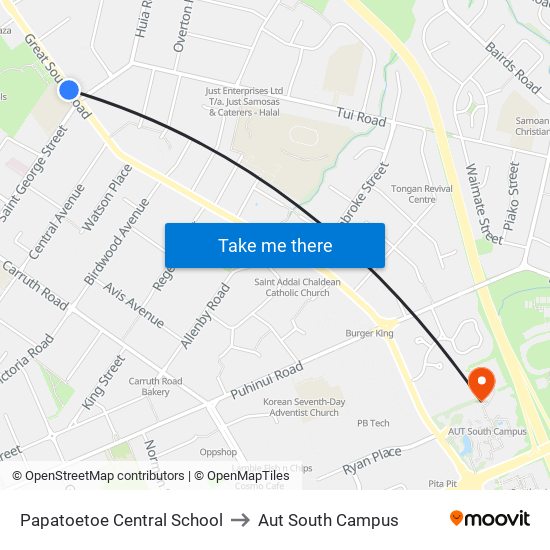 Papatoetoe Central School to Aut South Campus map