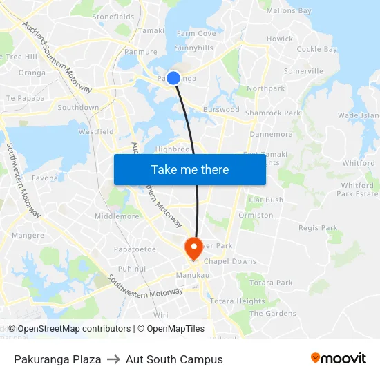Pakuranga Plaza to Aut South Campus map