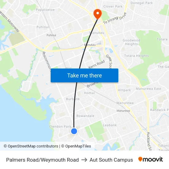 Palmers Road/Weymouth Road to Aut South Campus map