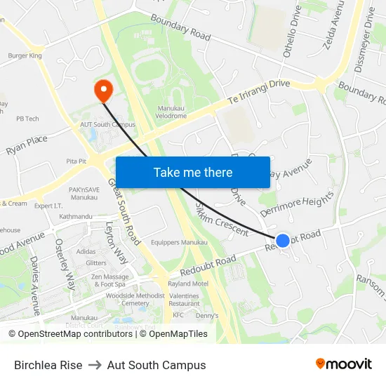 Birchlea Rise to Aut South Campus map