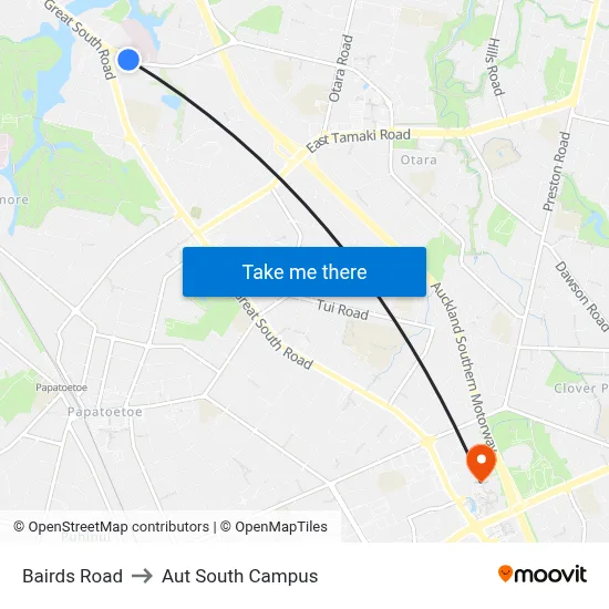 Bairds Road to Aut South Campus map
